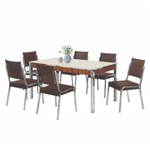 Conjunto De Mesa 6 Cadeiras Tampo De Vidro Cr Rt Aço Nobre - Cromada/Marrom