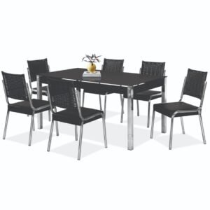 Conjunto De Mesa 6 Cadeiras Tampo De Vidro Cr Rt Aço Nobre - Cromada/Preto